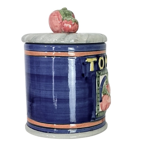 Vintage Canister Tomato Farmhouse Multipurpose Jar Ceramic Blue 3 Cup 5.25” Tall - Picture 10 of 16